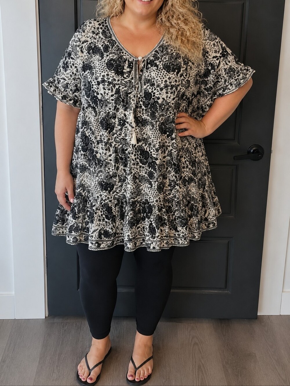 Max Studio Black & Cream Floral Ruffle Dress